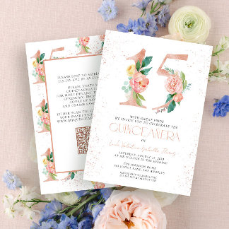 Blumennummer 15 Rosa Rose Gold QR Quinceañera Einladung