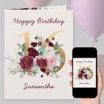 Blumennummer 16 Personalisiert 16. Geburtstagskart Karte<br><div class="desc">Personalisierte 16. Geburtstagskarte mit Blumennummer 16. Die goldene Nummer 16 ist mit bordeauxroten und elfenbeinfarbenen Rose,  Blätter aus Blattwerk und Eukalyptus gestaltet. Die Vorlage ist für Sie Set,  um die Vorderseite und die Nachricht im Inneren zu personalisieren.</div>
