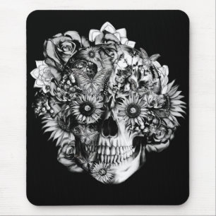 Blumenohmschädelillustration im schwarzen Weiß Mousepad