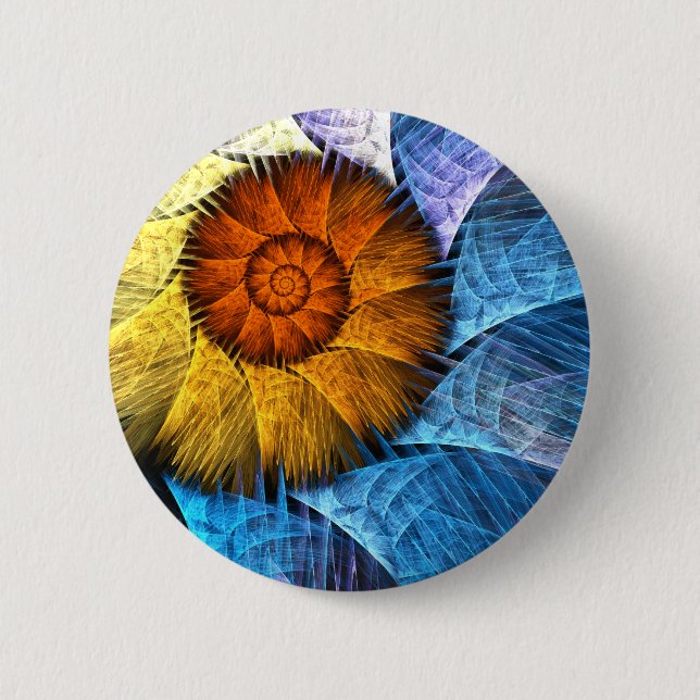 Blumenorange Gelb Blau Abstrakte Kunst Button (Vorderseite)