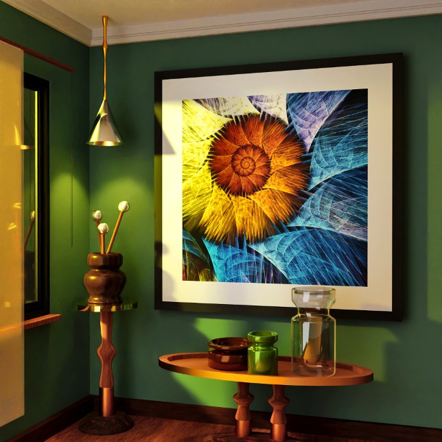 Blumenorange Gelb Blau Abstrakte Kunst Poster (Floral Orange Yellow Blue Abstract Art Poster)