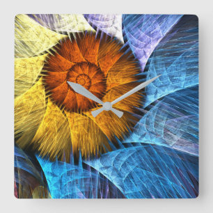 Blumenorange Gelb Blau Abstrakte Kunst Quadratische Wanduhr