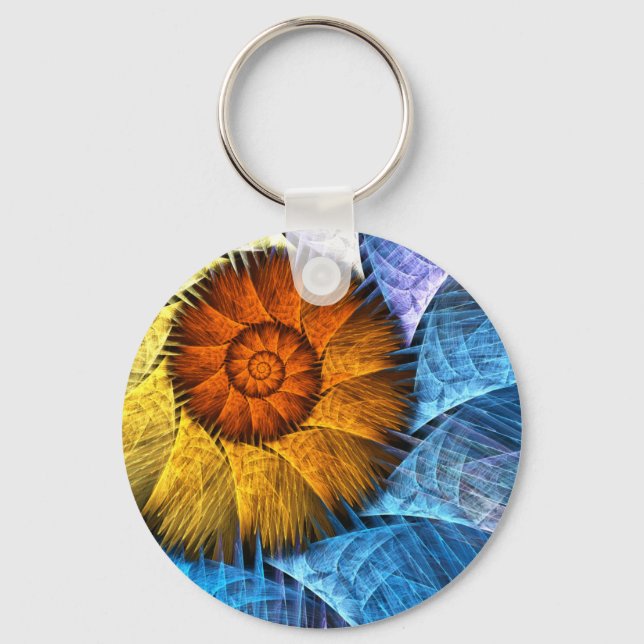 Blumenorange Gelb Blau Abstrakte Kunst Schlüsselanhänger (Vorderseite)