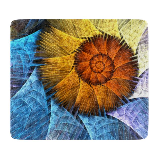 Blumenorange Gelb Blau Abstrakte Kunst Schneidebrett (Vorderseite)
