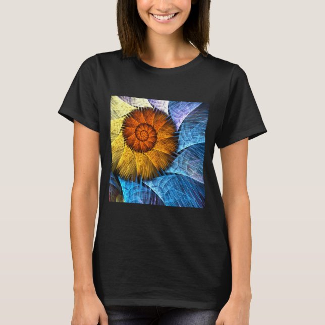 Blumenorange Gelb Blau Abstrakte Kunst T-Shirt (Vorderseite)