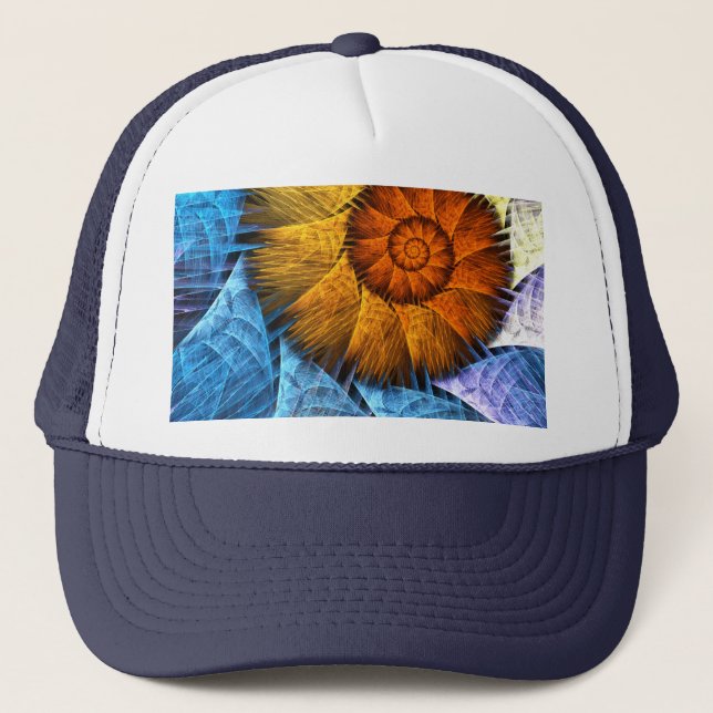 Blumenorange Gelb Blau Abstrakte Kunst Truckerkappe (Vorderseite)
