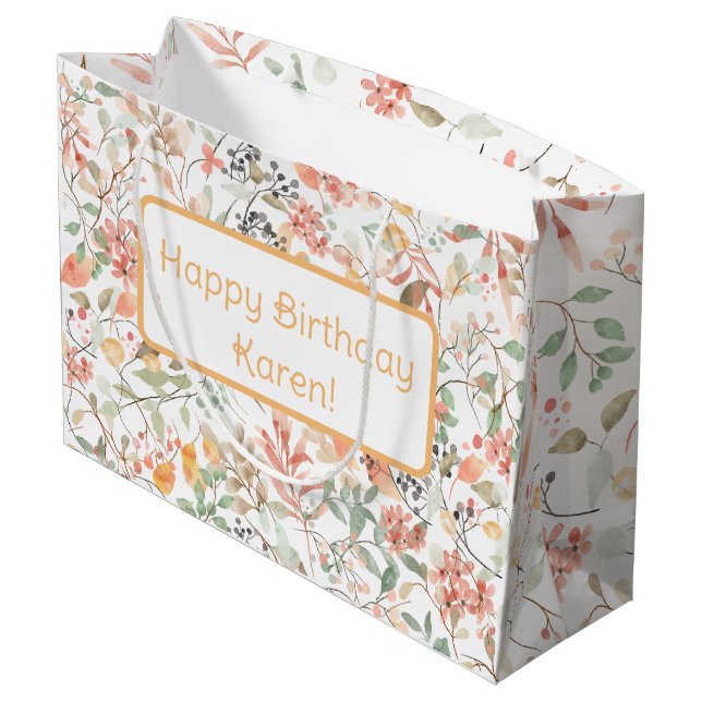 Blumenorange Grün & Pink Custom Happy Birthday Große Geschenktüte (Rückseite Schrägansicht)