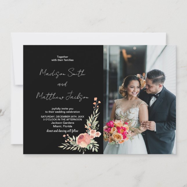 Blumenorange Hochzeitseinladungen mit Foto Einladung (Vorderseite)