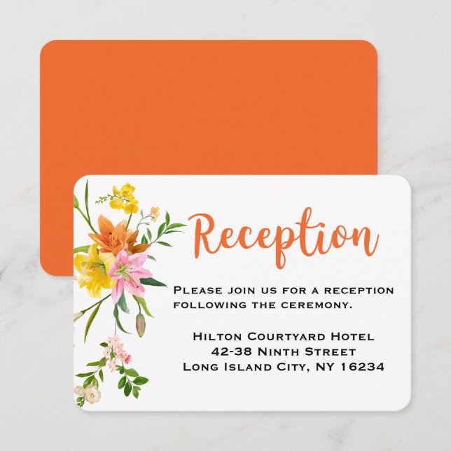 Blumenorange Hochzeitsempfang Lilienrosa Blume Einladung (Vorne/Hinten)