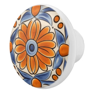 Blumenorange und blaue mediterrane Blume Keramikknauf