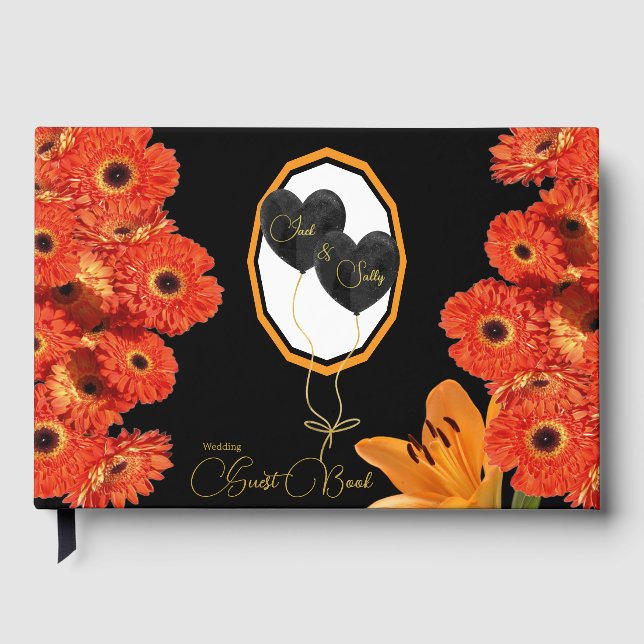 Blumenorange und Schwarze Hochzeit Gästebuch (Vorderseite)