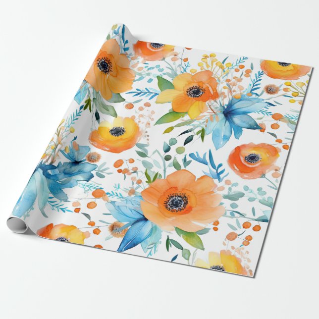 Blumenorangen und Blues-Umschlagpapier Geschenkpapier (Ungerollt)