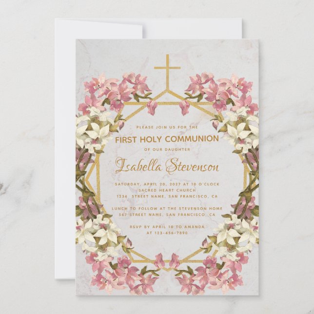 Blumenorchideen Marble Gold Erste Heilige Kommune Einladung (Vorderseite)