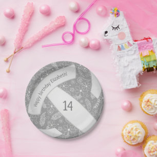 Blumenpaisley Federn Doodles Grauvolleyball Pappteller