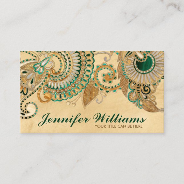 Blumenpaisley Ornament Malachite and Gold Visitenkarte (Vorderseite)