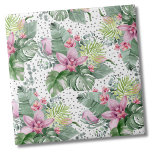 Blumenpalme Wasserfarben Botanisches tropisches Mu Fliese<br><div class="desc">Ein tropisches Design, das die ruhige Schönheit der Natur mit einem spielerischen Rand verbindet. Eine Mischung aus beruhigenden tropischen Blätter, wie Bananenstauden, Palmen, Monstera-Blätter, rosa Princessa-Pflanze, sanftes lila-rosa Orchideengebirge und Protea-Blüte, die mit verschiedenen anderen Blättern verwoben sind. Das Design wird durch einen grauen "chaotischen Punkt" oder "dalmatinischer Punkt" ergänzt, der...</div>