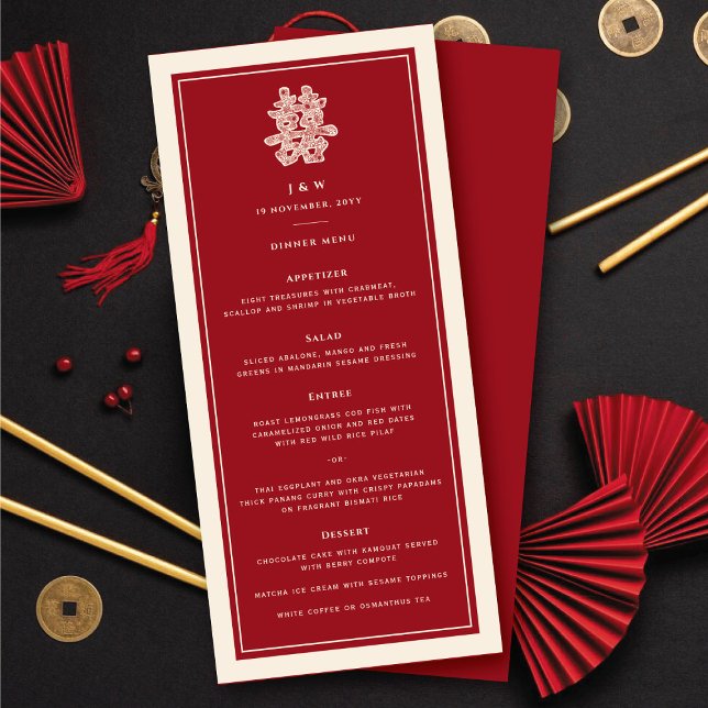 Blumenpapier schneiden doppeltes Glück chinesische Menükarte (Floral Paper Cut Double Happiness Chinese Wedding Menu @ fatfatin_red_knot)