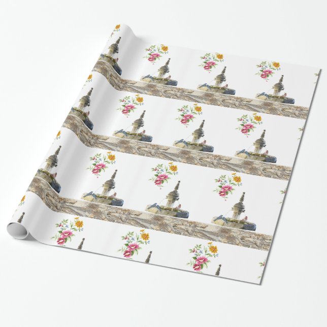 Blumenpapier, Wasserfontäne Vögel blühen Geschenkpapier (Ungerollt)