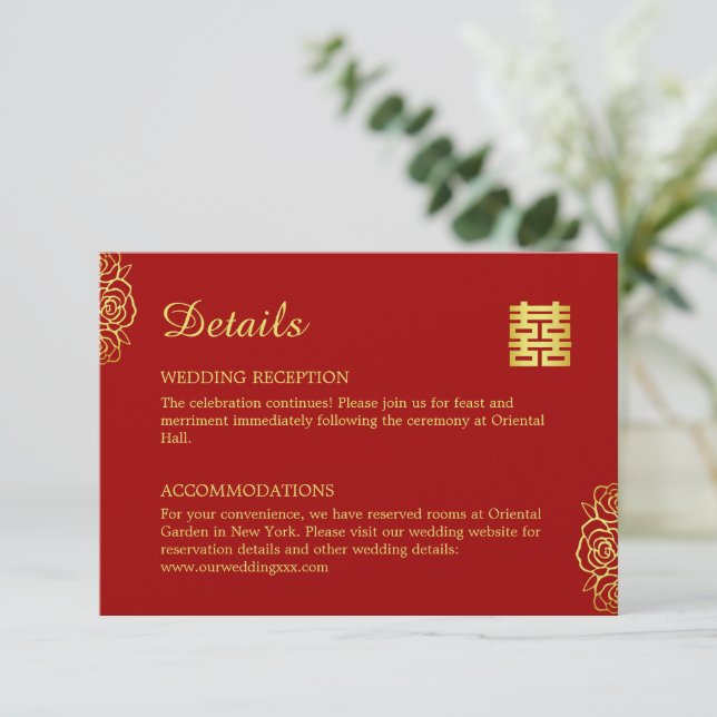 Blumenpapiere Rose Rot und Gold Chinesische Hochze Begleitkarte (Stehend Vorderseite)