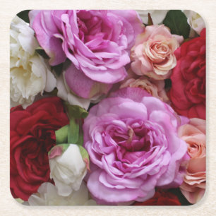 Blumenpapieruntersetzer mit Rosen und Pfingstrosen Rechteckiger Pappuntersetzer