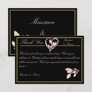 Blumenpastel Rosa & Gold auf der eleganten Black W Dankeskarte