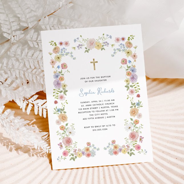 Blumenpastellrahmen und Goldkreuz | Taufe Einladung (Von Creator hochgeladen)