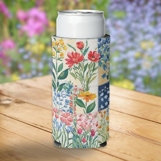 Blumenpatchwork Garden Blume Gemustert Hübsch Selters Dosenkühler (A pretty can cooler for garden lovers, with patchwork-effect print including many colourful flowers)