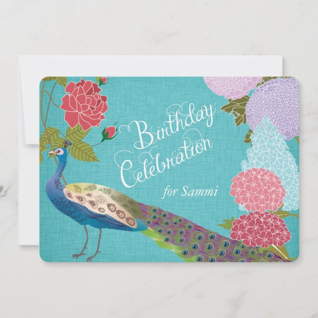 Blumenpfau bei Blue Linen Geburtstag Einladung (Vorderseite)