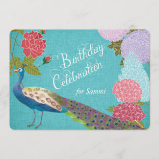 Blumenpfau bei Blue Linen Geburtstag Einladung