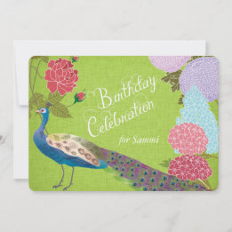 Blumenpfau bei Grünem Linen zum Geburtstag einlade Einladung