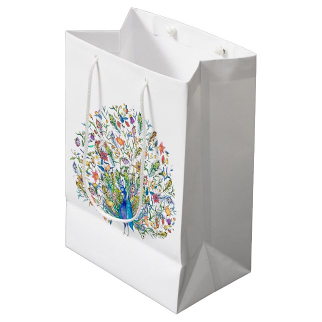 Blumenpfau Mittlere Geschenktüte (Vorderseite Schrägansicht)