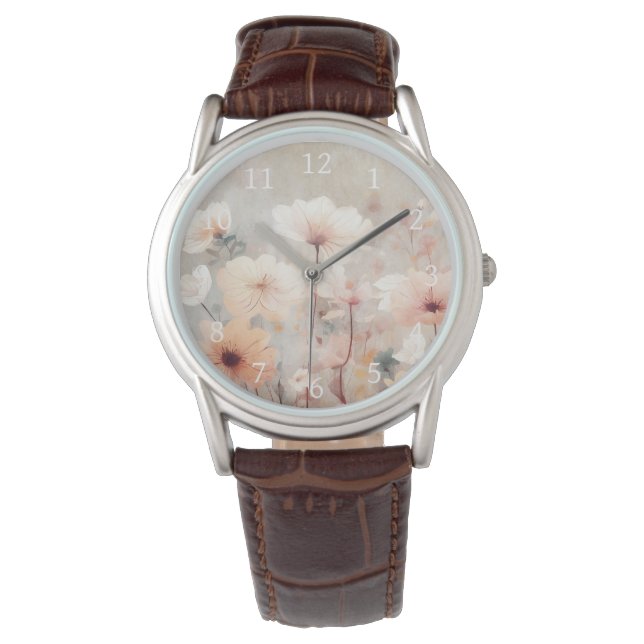 Blumenpfirsich Beige Blume Design 328 Armbanduhr (Vorderseite)