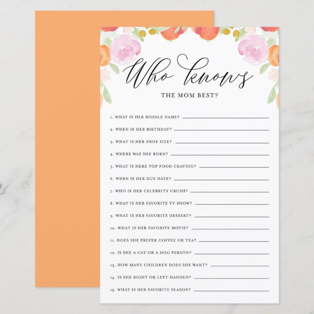 Blumenpfirsich, die Mama Best Baby Shower Game ken (Vorne/Hinten)