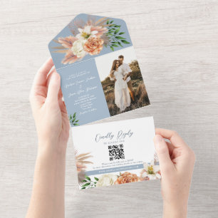 Blumenpfirsich und Dusty Blue Wedding All In One Einladung