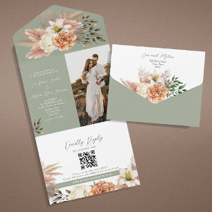 Blumenpfirsich und Sage Green Wedding All In One Einladung