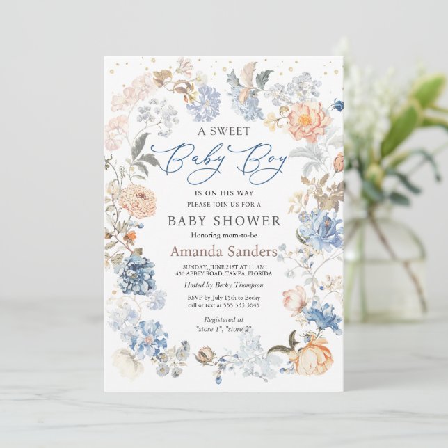 Blumenpfirsichblütendusche Blue Baby Einladung (Stehend Vorderseite)