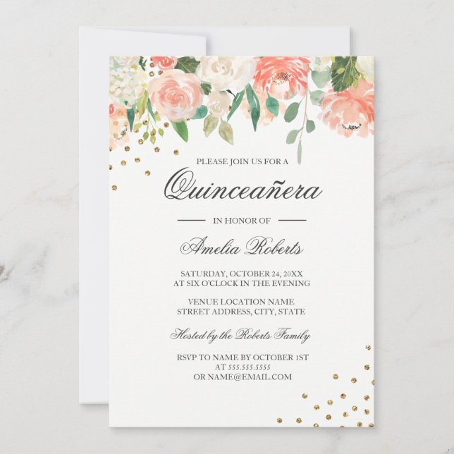 Blumenpfirsiche Blush Aquarellfarben Quinceanera Einladung (Vorderseite)