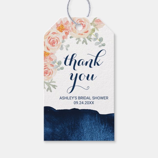 Blumenpfirsiche Pink und Navy Wasserfarbe Vielen D Geschenkanhänger (Vorderseite)