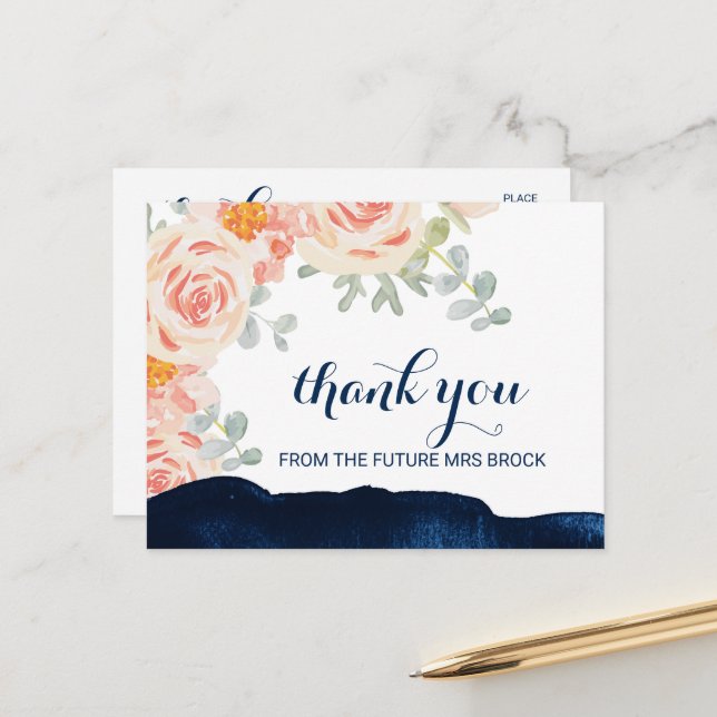 Blumenpfirsiche Pink und Navy Wasserfarbe Vielen D Postkarte (Vorderseite/Rückseite Beispiel)
