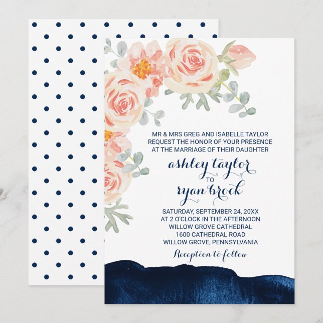 Blumenpfirsiche Rosa und Navy Wasserfarbe Festlich Einladung (Vorne/Hinten)