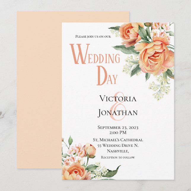 Blumenpfirsichfarben Moderne Hochzeitseinladung Einladung (Vorne/Hinten)