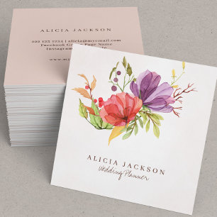 Blumenpflaume und Hochzeitsplaner mit rotem Aquare Quadratische Visitenkarte