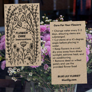 Blumenpflegeanweisungen Wildblumen Florist Kraft Visitenkarte
