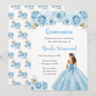 BlumenPrinzessin in blauem Kleid Quinceanera Einladung