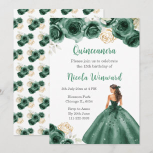 BlumenPrinzessin in dunkelgrünem Kleid Quinceanera Einladung