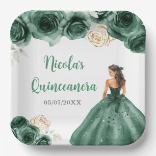 BlumenPrinzessin in dunkelgrünem Kleid Quinceanera Pappteller