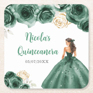 BlumenPrinzessin in dunkelgrünem Kleid Quinceanera Rechteckiger Pappuntersetzer