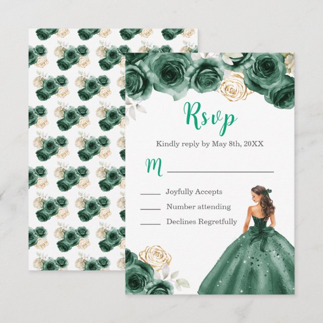 BlumenPrinzessin in einem dunkelgrünen Kleid RSVP Karte (Vorne/Hinten)