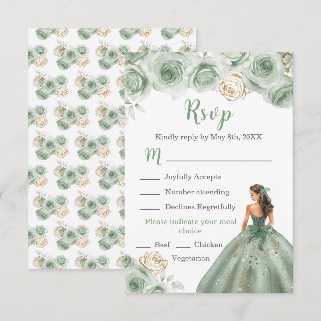 BlumenPrinzessin in einer Sage Green Dress Meal Ch RSVP Karte (Vorne/Hinten)