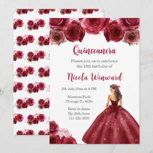 BlumenPrinzessin in Rotem Kleid Quinceanera Einladung